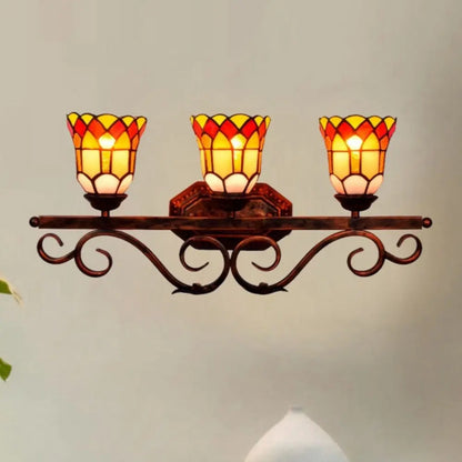 Antique Tiffany 3 Light Wall Sconce Stained Glass Floral Lampshade Wall Lamp - CTL