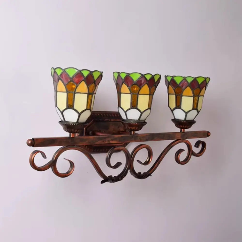 Antique Tiffany 3 Light Wall Sconce Stained Glass Floral Lampshade Wall Lamp - CTL