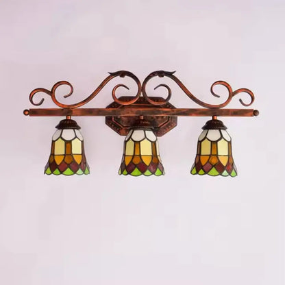 Antique Tiffany 3 Light Wall Sconce Stained Glass Floral Lampshade Wall Lamp - CTL