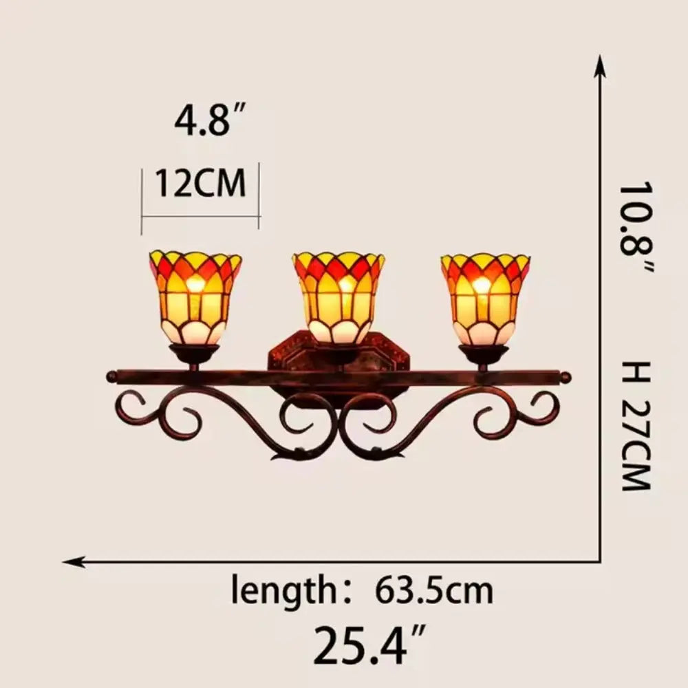 Antique Tiffany 3 Light Wall Sconce Stained Glass Floral Lampshade Wall Lamp - CTL