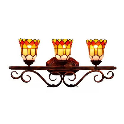 Antique Tiffany 3 Light Wall Sconce Stained Glass Floral Lampshade Wall Lamp - CTL