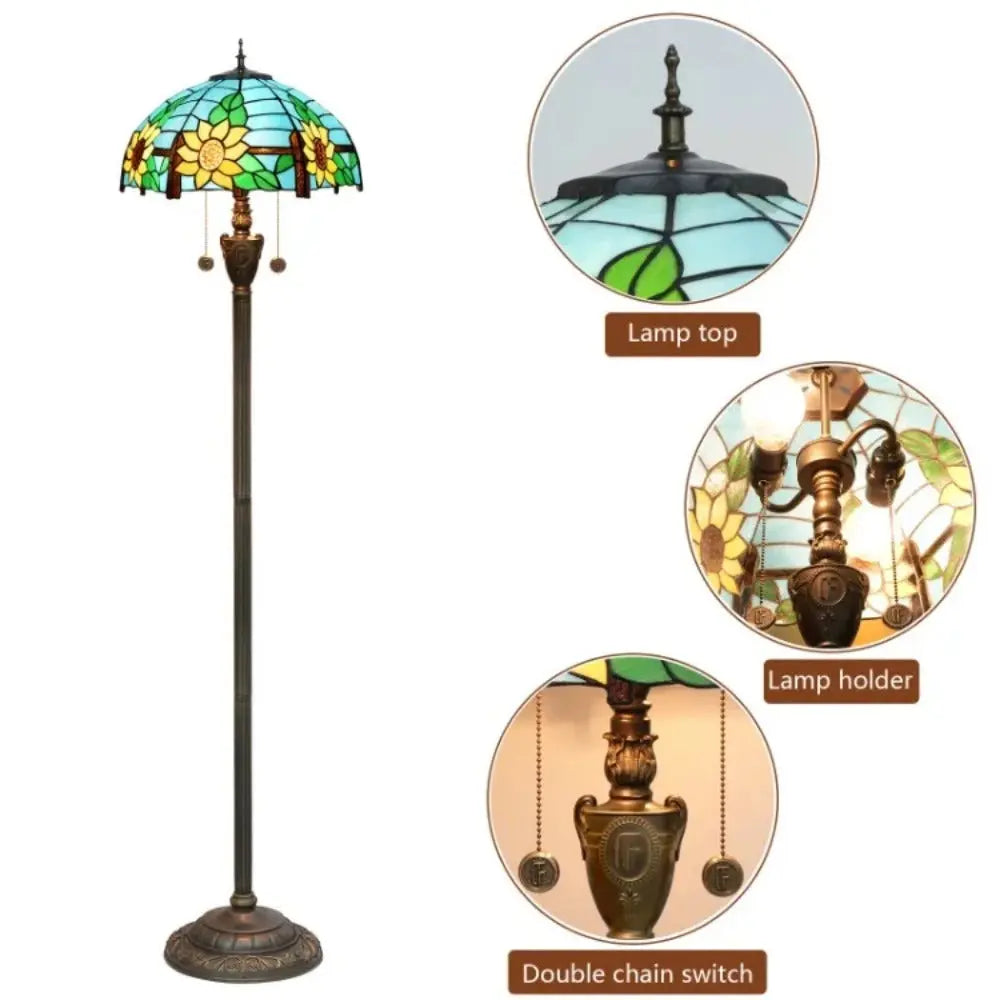 Dia40cm Stained Glass Floor Lamp Blue Sunflower Lampshade Tiffany Standard Lamp - CTL