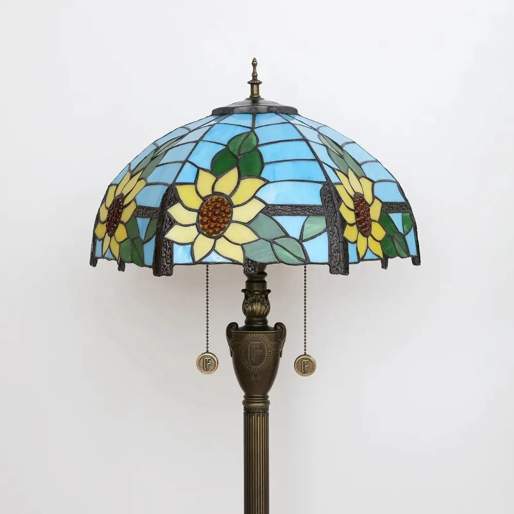 Dia40cm Stained Glass Floor Lamp Blue Sunflower Lampshade Tiffany Standard Lamp - CTL
