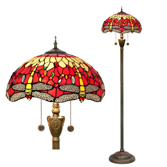 Dia40cm Stained Glass Red Dragonfly Art Lampshade Luxury Tiffany Standing Lamp - CTL