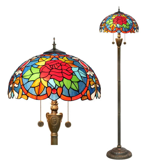 Dia40cm Tiffany Floor Lamps Antique Stained Glass Red Rose Lampshade Vintage Light - CTL