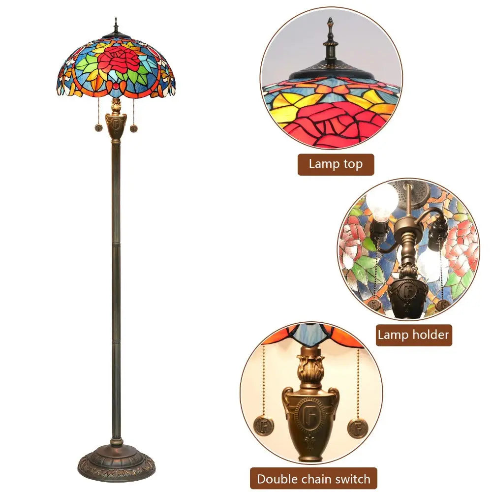 Dia40cm Tiffany Floor Lamps Antique Stained Glass Red Rose Lampshade Vintage Light - CTL