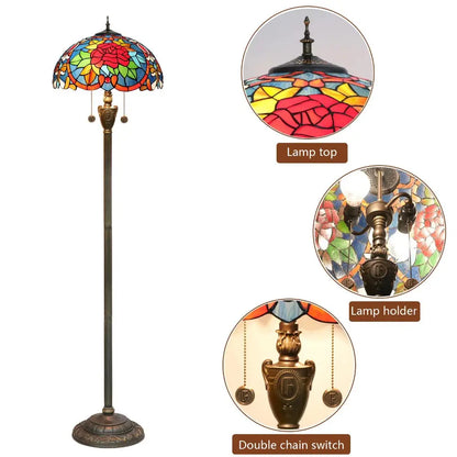 Dia40cm Tiffany Floor Lamps Antique Stained Glass Red Rose Lampshade Vintage Light - CTL