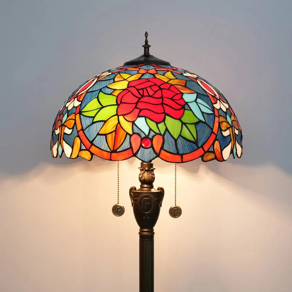 Dia40cm Tiffany Floor Lamps Antique Stained Glass Red Rose Lampshade Vintage Light - CTL