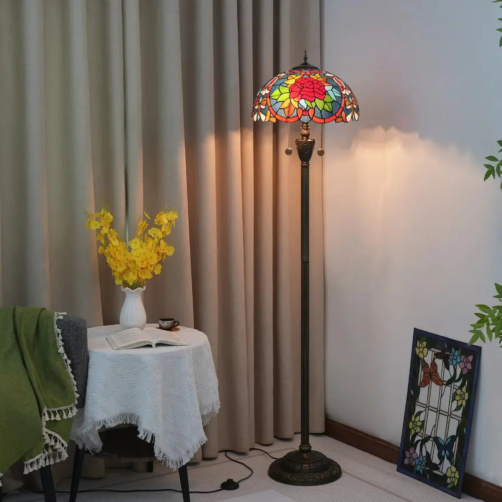 Dia40cm Tiffany Floor Lamps Antique Stained Glass Red Rose Lampshade Vintage Light - CTL