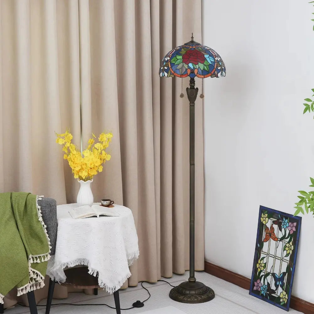 Dia40cm Tiffany Floor Lamps Antique Stained Glass Red Rose Lampshade Vintage Light - CTL