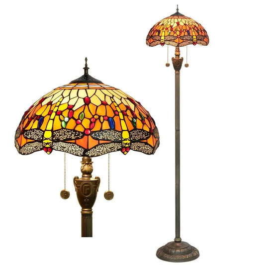Dia40cm Tiffany Stained Glass Orange Lampshade Vintage Dragonfly Floor Lamp - CTL