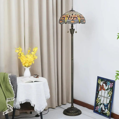 Dia40cm Tiffany Stained Glass Orange Lampshade Vintage Dragonfly Floor Lamp - CTL
