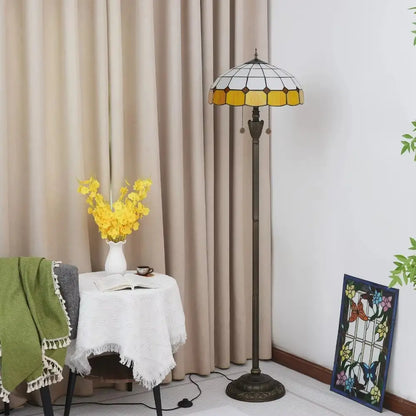 Dia40cm Yellow White Plaid Art Lampshade Tiffany Stained Glass Floor Lamp - CTL