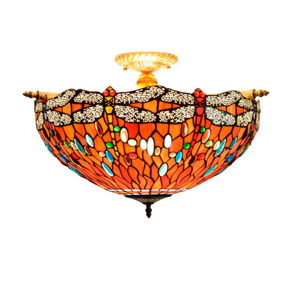 Dia55cm Stained Glass Colorful Dragonfly Floral Lampshade Large Tiffany Ceiling Lamp - CTL