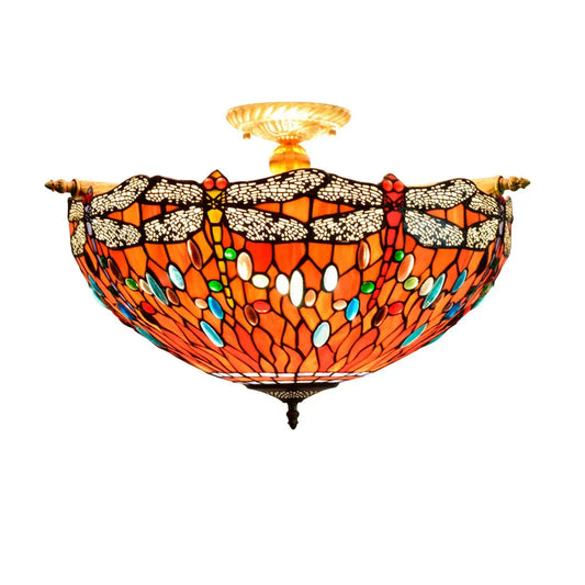 Dia55cm Stained Glass Colorful Dragonfly Floral Lampshade Large Tiffany Ceiling Lamp - CTL