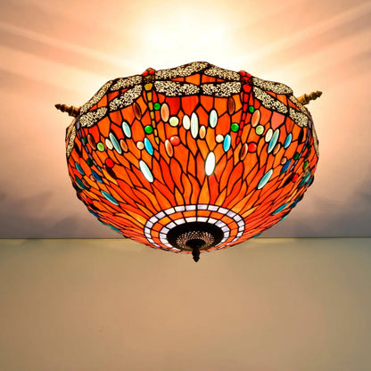 Dia55cm Stained Glass Colorful Dragonfly Floral Lampshade Large Tiffany Ceiling Lamp - CTL