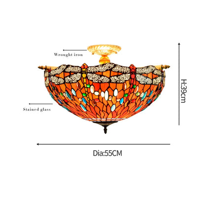 Dia55cm Stained Glass Colorful Dragonfly Floral Lampshade Large Tiffany Ceiling Lamp - CTL