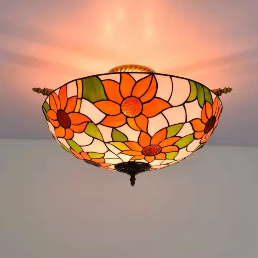 Dia55cm Stained Glass Colorful Sunflower Floral Lampshade Large Tiffany Style Ceiling Light - CTL