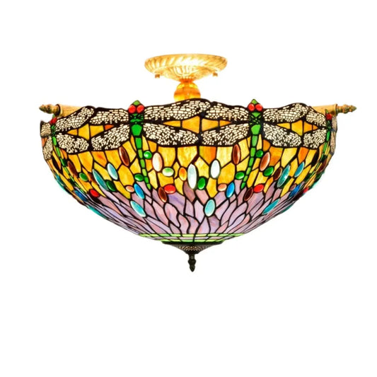 Dia55cm Stained Glass Dragonfly Lampshade Tiffany Style Flush Mount Ceiling Light - CTL