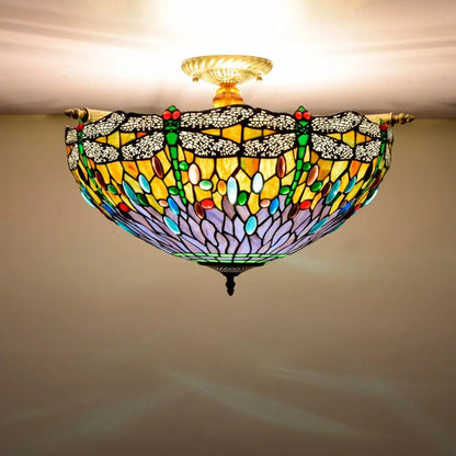 Dia55cm Stained Glass Dragonfly Lampshade Tiffany Style Flush Mount Ceiling Light - CTL