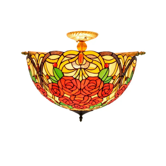 Dia55cm Vintage Stained Glass Rose Lampshade Tiffany Flush Mount Ceiling Light - CTL