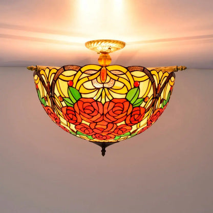 Dia55cm Vintage Stained Glass Rose Lampshade Tiffany Flush Mount Ceiling Light - CTL