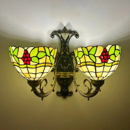 Double Head Stained Glass Grape Floral Lampshade Tiffany Wall Lamps Two Light Sconce - CTL