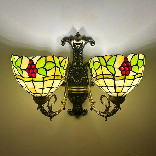 Double Head Stained Glass Grape Floral Lampshade Tiffany Wall Lamps Two Light Sconce - CTL