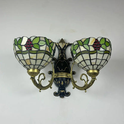 Double Head Stained Glass Grape Floral Lampshade Tiffany Wall Lamps Two Light Sconce - CTL