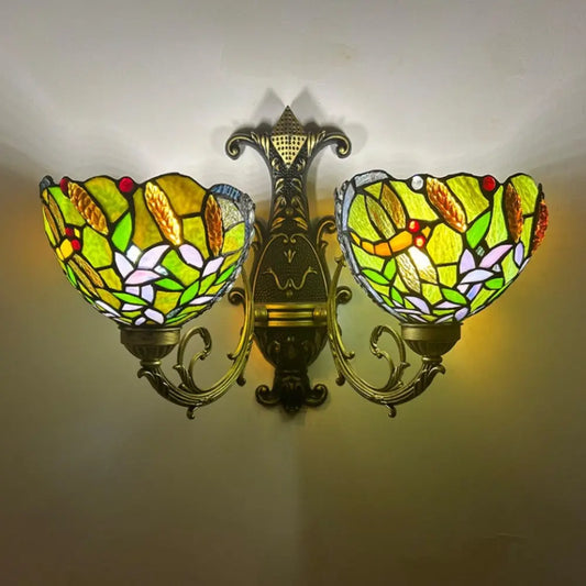 Double Arm Wall Sconce Stained Glass Flower Lampshade Tiffany Wall Lamps - CTL