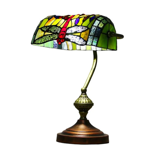Retro Tiffany Reading Lamp Stained Glass Dragonfly Lampshade Banker Light - CTL