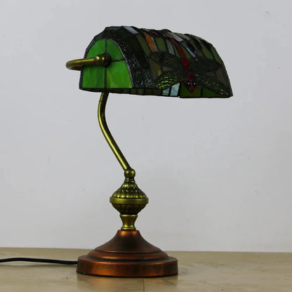Retro Tiffany Reading Lamp Stained Glass Dragonfly Lampshade Banker Light - CTL