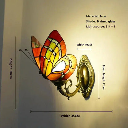 Retro Tiffany Style Butterfly Lamp Stained Glass Lampshade Vintage Wall Sconce - CTL