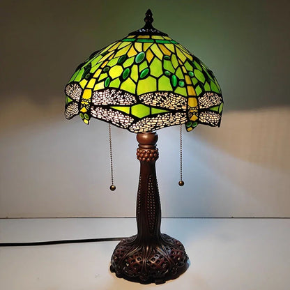 12inch Stained Glass Pastoral Dragonfly Floral Lampshade Vintage Tiffany Desk Lamp - CTL