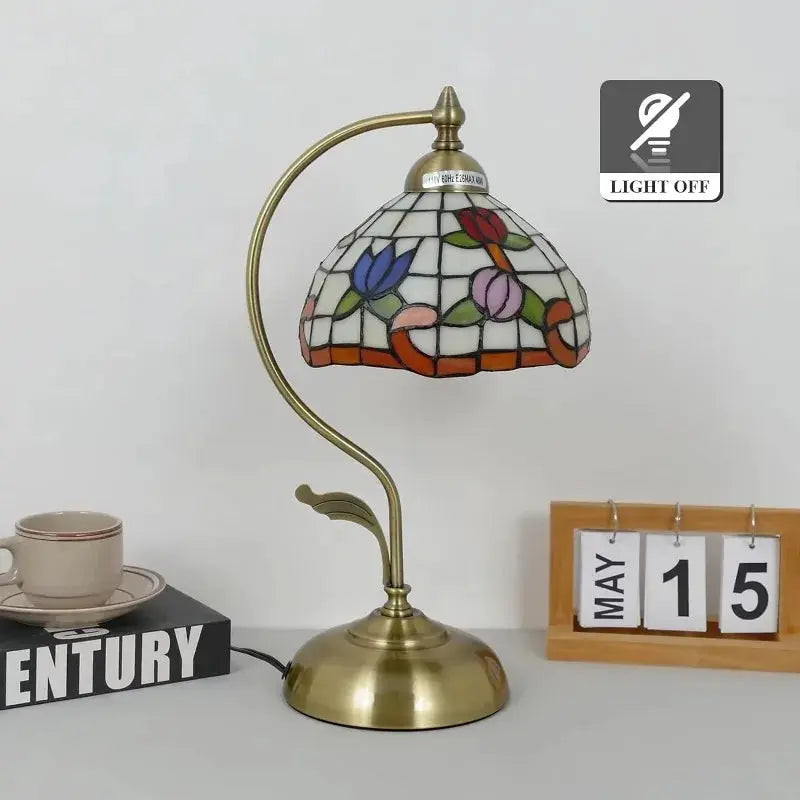 8inch Stained Glass Flowers Lampshade Vintage Curved Bedside Light Tiffany Desk Lamp - CTL