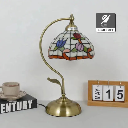 8inch Stained Glass Flowers Lampshade Vintage Curved Bedside Light Tiffany Desk Lamp - CTL