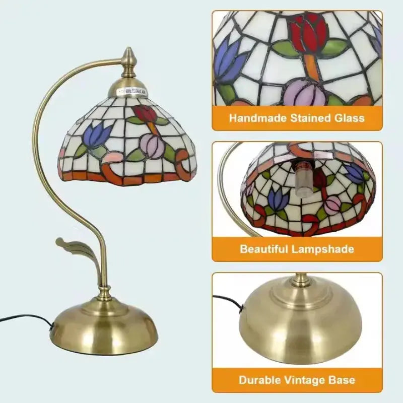 8inch Stained Glass Flowers Lampshade Vintage Curved Bedside Light Tiffany Desk Lamp - CTL