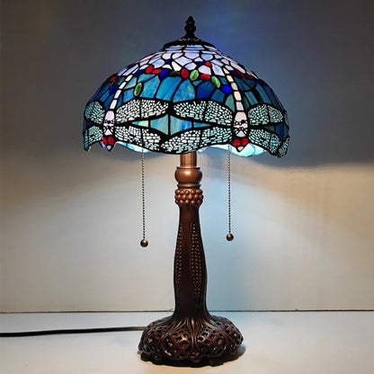 12inch Stained Glass Pastoral Dragonfly Floral Lampshade Vintage Tiffany Desk Lamp - CTL