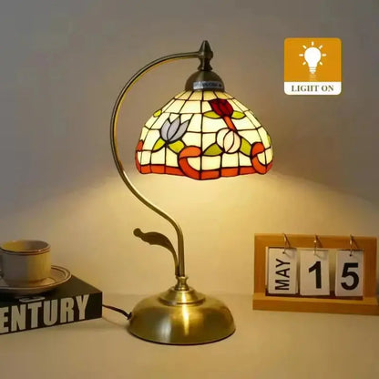 8inch Stained Glass Flowers Lampshade Vintage Curved Bedside Light Tiffany Desk Lamp - CTL