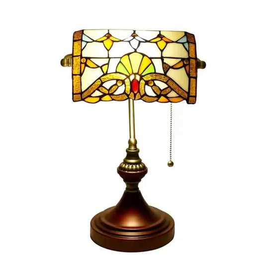Stained Glass Baroque Lampshade Antique Bankers Light Tiffany Table Lamps with Pull Chain - CTL
