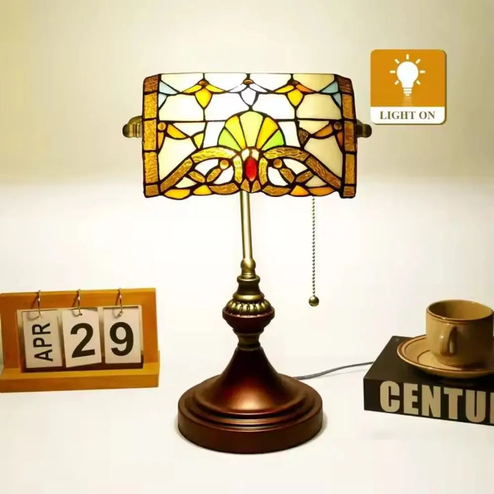 Stained Glass Baroque Lampshade Antique Bankers Light Tiffany Table Lamps with Pull Chain - CTL