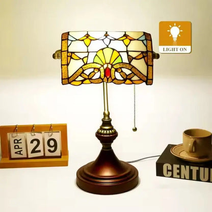 Stained Glass Baroque Lampshade Antique Bankers Light Tiffany Table Lamps with Pull Chain - CTL