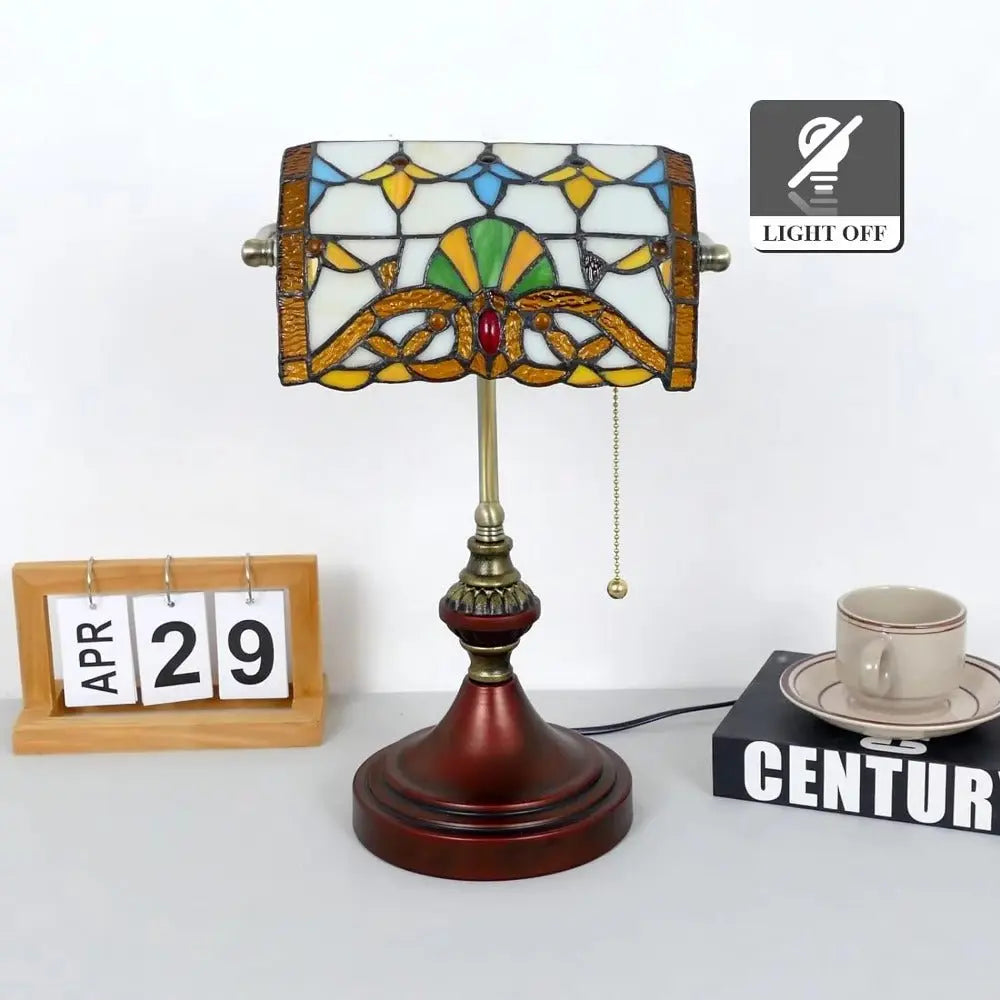 Stained Glass Baroque Lampshade Antique Bankers Light Tiffany Table Lamps with Pull Chain - CTL
