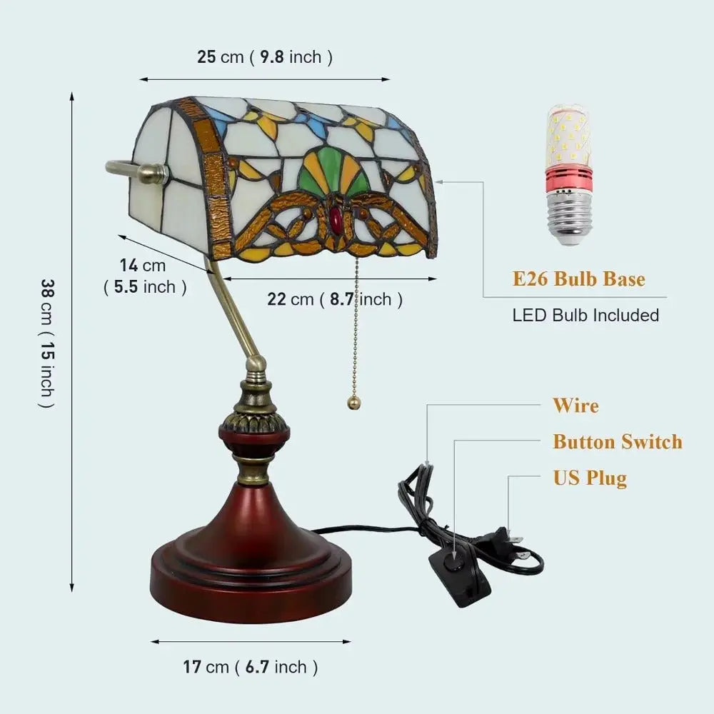 Stained Glass Baroque Lampshade Antique Bankers Light Tiffany Table Lamps with Pull Chain - CTL