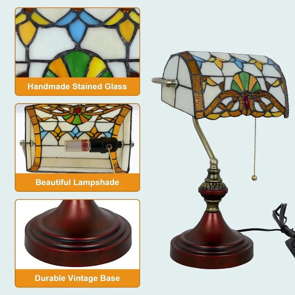 Stained Glass Baroque Lampshade Antique Bankers Light Tiffany Table Lamps with Pull Chain - CTL