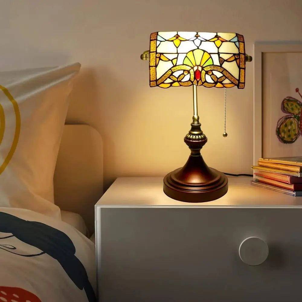 Stained Glass Baroque Lampshade Antique Bankers Light Tiffany Table Lamps with Pull Chain - CTL