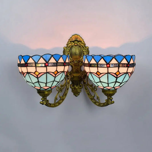 Stained Glass Blue Lampshade Double Head Wall Lamp Tiffany Wall Sconce - CTL