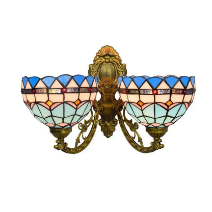 Stained Glass Blue Lampshade Double Head Wall Lamp Tiffany Wall Sconce - CTL