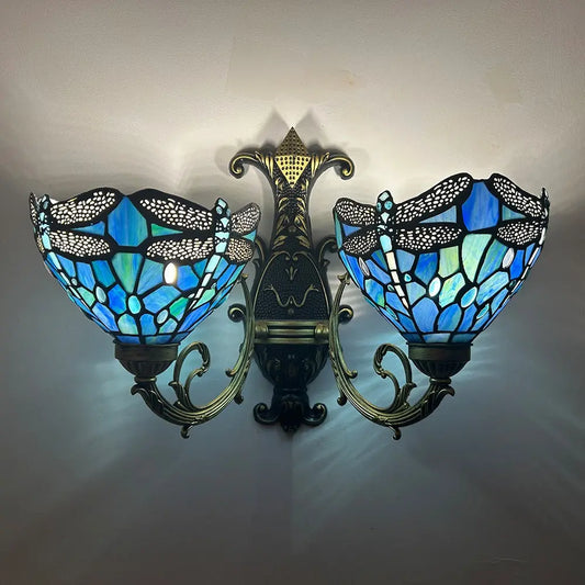 Two Light Sconce Stained Glass Dragonfly Lampshade Double Head Tiffany Wall Lamps - CTL