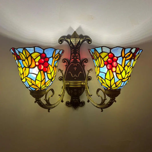 Double Sconce Wall Light Stained Glass Grape Floral Tiffany Wall Lamps - CTL